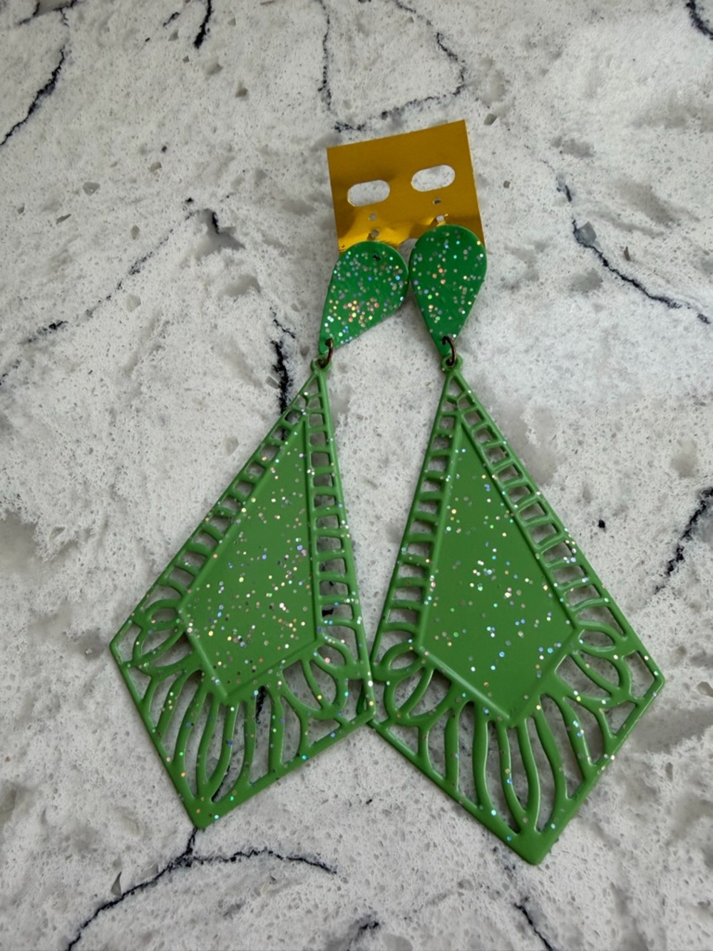 EARRINGS -dangly,sparkly lightweight upsidedown metal earrings with cut out trim